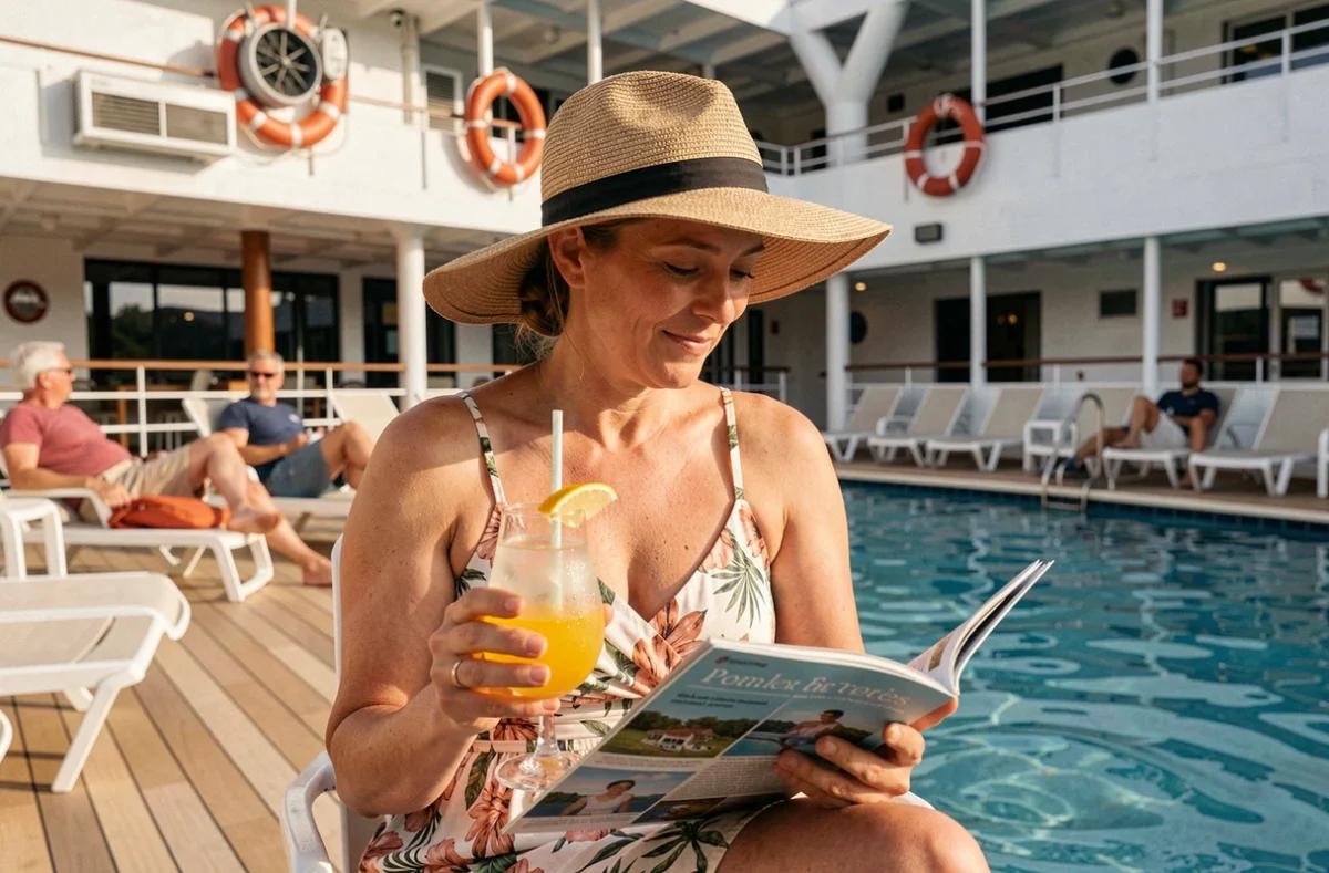 Femme seule profitant d'un cocktail au bar de la piscine sur un paquebot de croisière tout compris