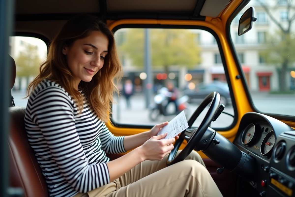 Jeune femme dans un tuk tuk à Paris avec permis en main