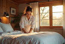 Femme de ménage souriante faisant le lit dans une chambre lumineuse