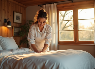 Ménage en chambre d’hôte : qui s’en charge ? Femme de ménage souriante faisant le lit dans une chambre lumineuse