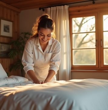 Femme de ménage souriante faisant le lit dans une chambre lumineuse