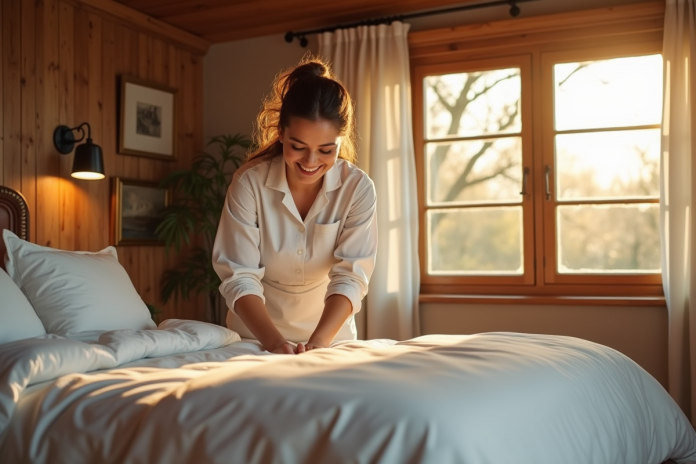 femme-de-menage-chambre-lumineuse Femme de ménage souriante faisant le lit dans une chambre lumineuse
