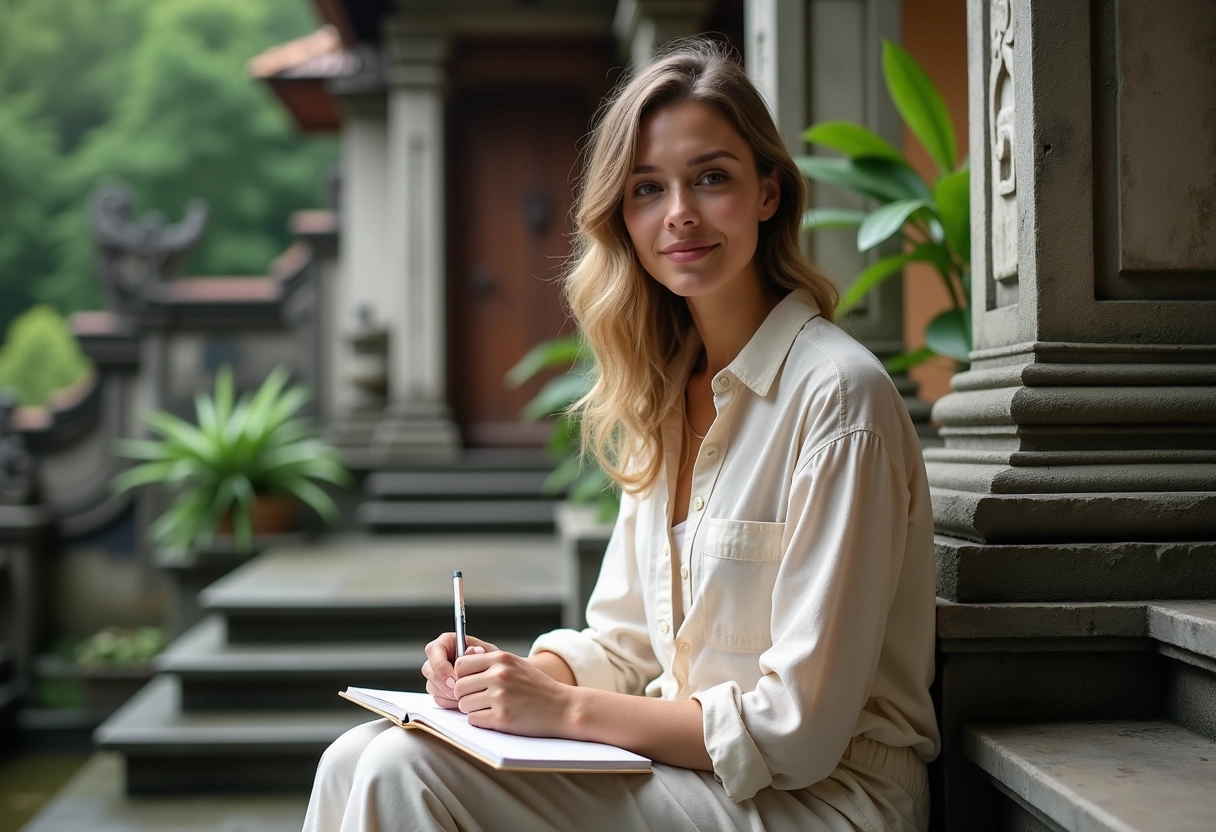 Femme dessinant dans son journal au temple balinais