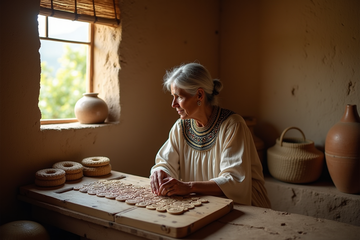 Femme egyptienne contemplant en disposant des pieces de senet dans une maison
