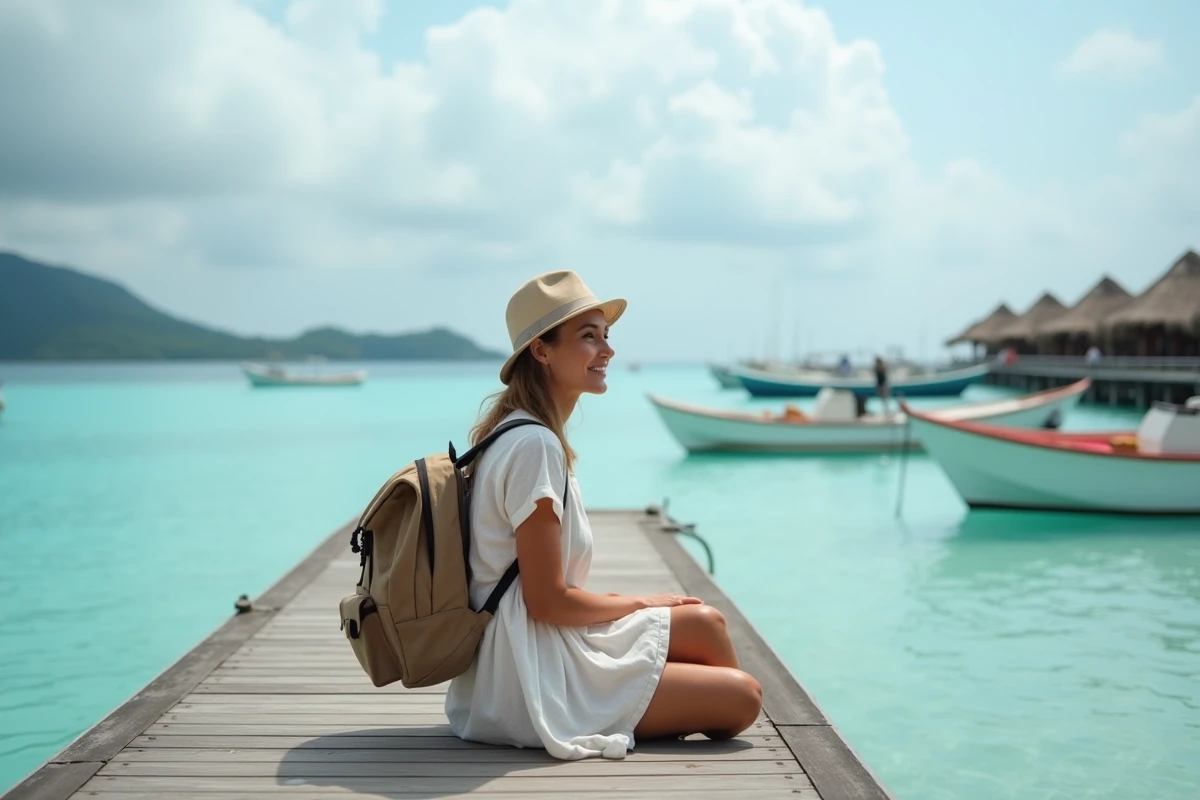 Femme européenne assise sur un pont à Gili Traan
