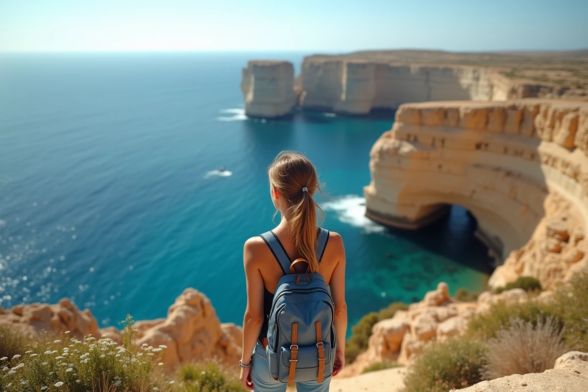 Jeune femme regardant la falaise de l Azure Window à Gozo