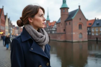 Femme en trench et foulard sur le pont Holstentor à Lübeck