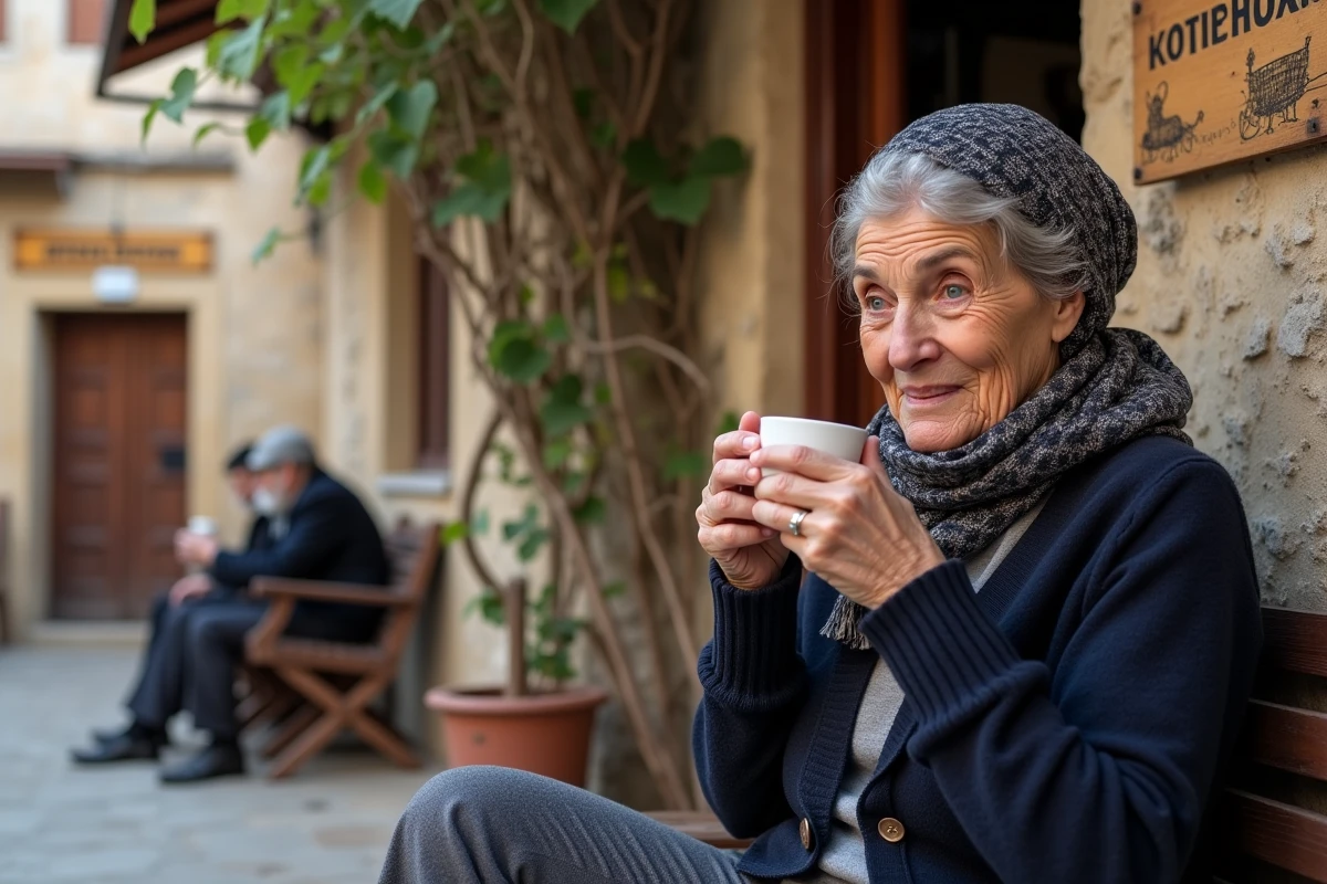 Femme grecque buvant un café devant un kafeneion traditionnel sur la place d'Areopoli en Mani en automne hors saison