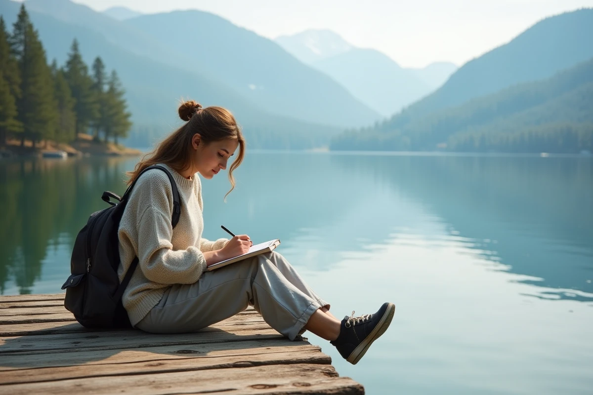 Femme seule écrivant dans un journal au bord du lac