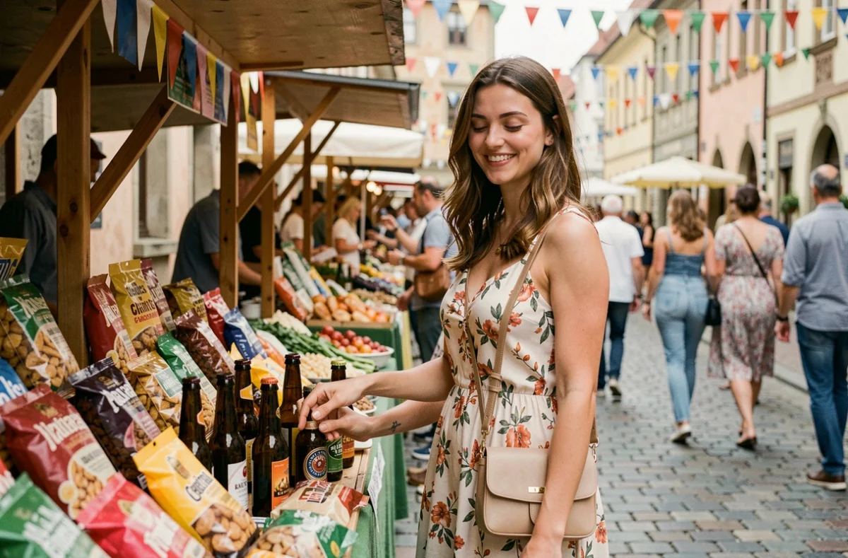 Jeune femme souriante explorant un marché festif en plein air dans une ville d'Europe centrale au printemps