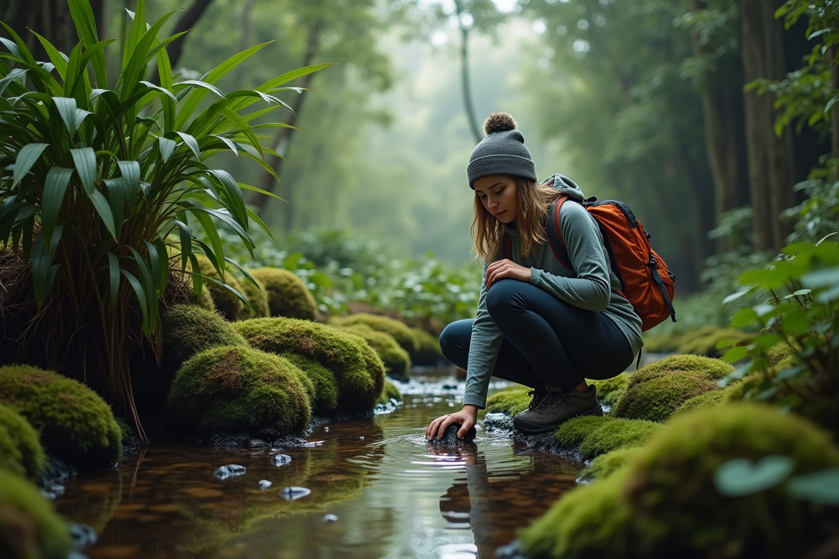 Jeune femme observant des plantes dans une forêt tropicale