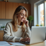 Femme souriante compare options logement sur ordinateur