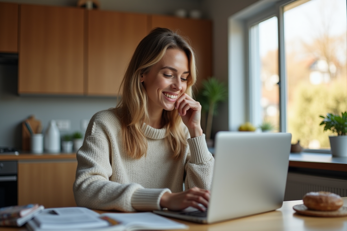 Femme souriante compare options logement sur ordinateur