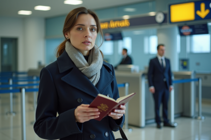 Femme au contrôle aux frontières du Royaume-Uni avec passeport