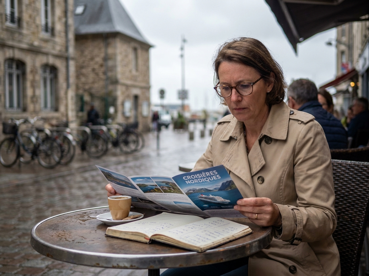 Femme planifiant une croisière économique dans un café du Havre avec brochure et carnet de budget