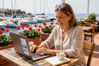 Femme planifiant une croisière pas chère sur son ordinateur portable depuis une terrasse méditerranéenne avec vue sur le port
