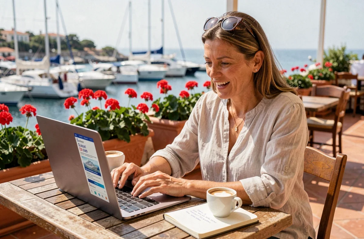 Femme planifiant une croisière pas chère sur son ordinateur portable depuis une terrasse méditerranéenne avec vue sur le port