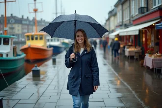 Femme souriante en imperméable dans le port de La Cotinière