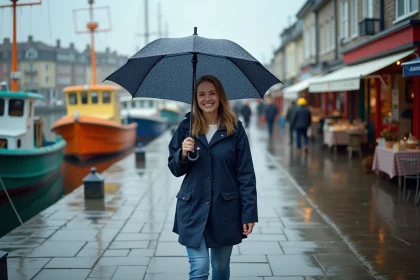 Femme souriante en imperméable dans le port de La Cotinière