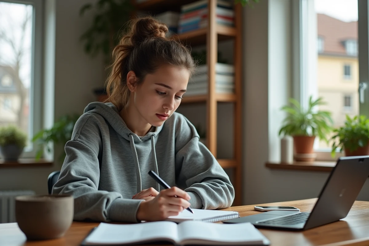 Jeune femme planifiant sa marche dans un intérieur cosy