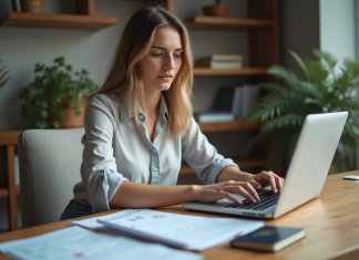 Changer nom billet avion Air France : démarche pratique et conseils Jeune femme planifiant son voyage avec papiers et ordinateur