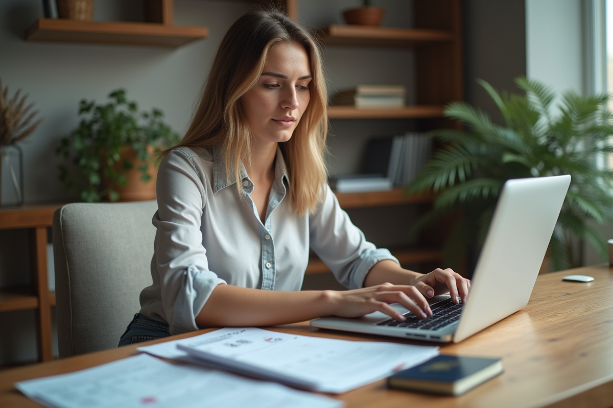 Jeune femme planifiant son voyage avec papiers et ordinateur