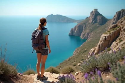 Jeune femme en randonn&eacute;e sur la c&ocirc;te m&eacute;diterran&eacute;enne