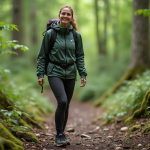 Femme en randonnée dans la forêt verte avec sourire naturel