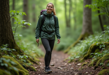 Femme en randonnée dans la forêt verte avec sourire naturel