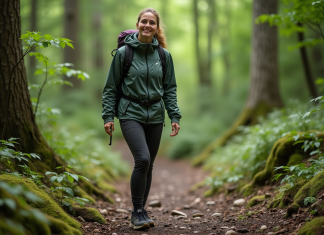 Femme en randonnée dans la forêt verte avec sourire naturel