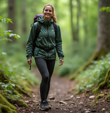 Objectif de la randonnée : pourquoi la pratiquer ? Les bienfaits et astuces Femme en randonnée dans la forêt verte avec sourire naturel