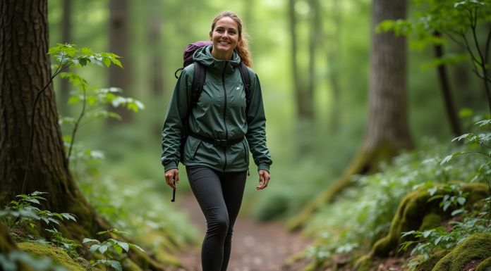 Femme en randonnée dans la forêt verte avec sourire naturel