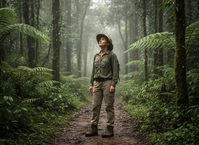 femme-randonnee-fort-costa-rica Jeune femme en randonnée dans la forêt tropicale du Costa Rica