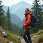 Femme en vêtements techniques admire la vue en montagne