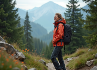 Femme en vêtements techniques admire la vue en montagne