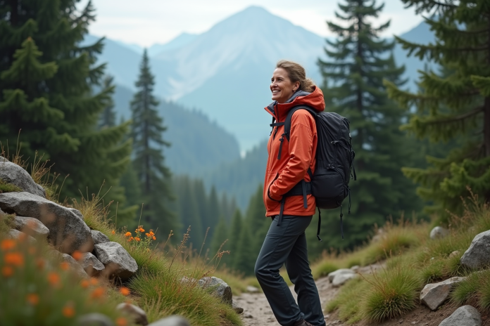 femme-randonnee-montagne-paysage Femme en vêtements techniques admire la vue en montagne
