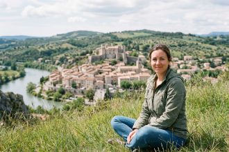 Femme en randonnée avec vue sur Sisteron et la citadelle