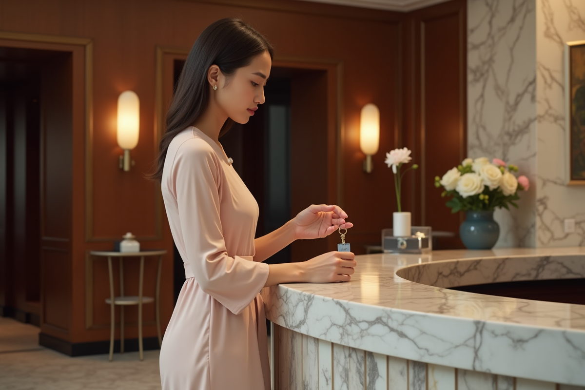 Jeune femme admirant une carte de chambre dans un hall d