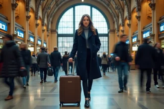 Femme sereine traversant le hall principal de la gare Lille Flandres avec sa valise pendant les heures de pointe
