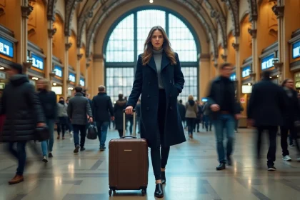 Femme sereine traversant le hall principal de la gare Lille Flandres avec sa valise pendant les heures de pointe