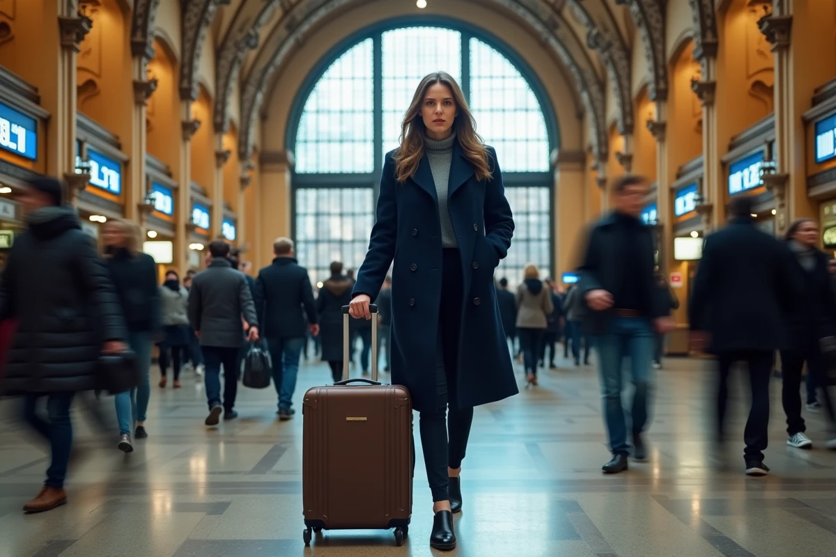 Femme sereine traversant le hall principal de la gare Lille Flandres avec sa valise pendant les heures de pointe
