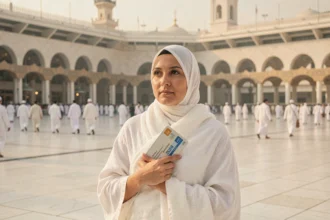Femme musulmane seule en tenue blanche lors du pèlerinage du Hajj devant la Grande Mosquée de La Mecque