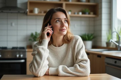 Femme surprise au téléphone dans une cuisine moderne