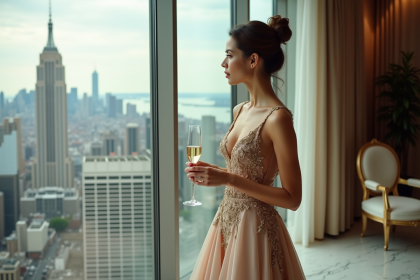 Femme élégante dans un penthouse avec vue urbaine