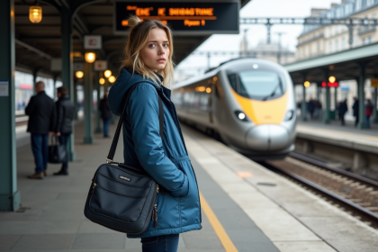 Jeune femme à la gare Eurostar à Paris avec train en arrière-plan