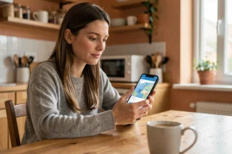 Femme consultant une application de suivi de vol en direct sur son smartphone depuis sa cuisine