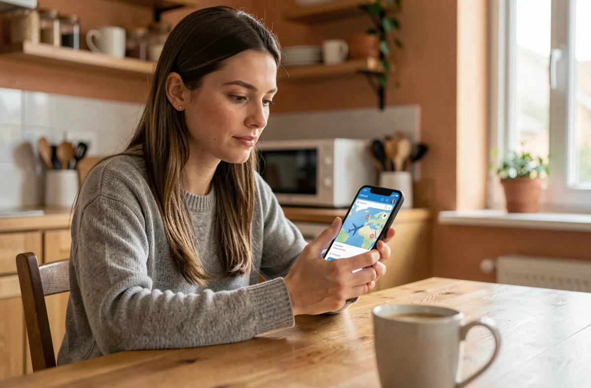 Femme consultant une application de suivi de vol en direct sur son smartphone depuis sa cuisine