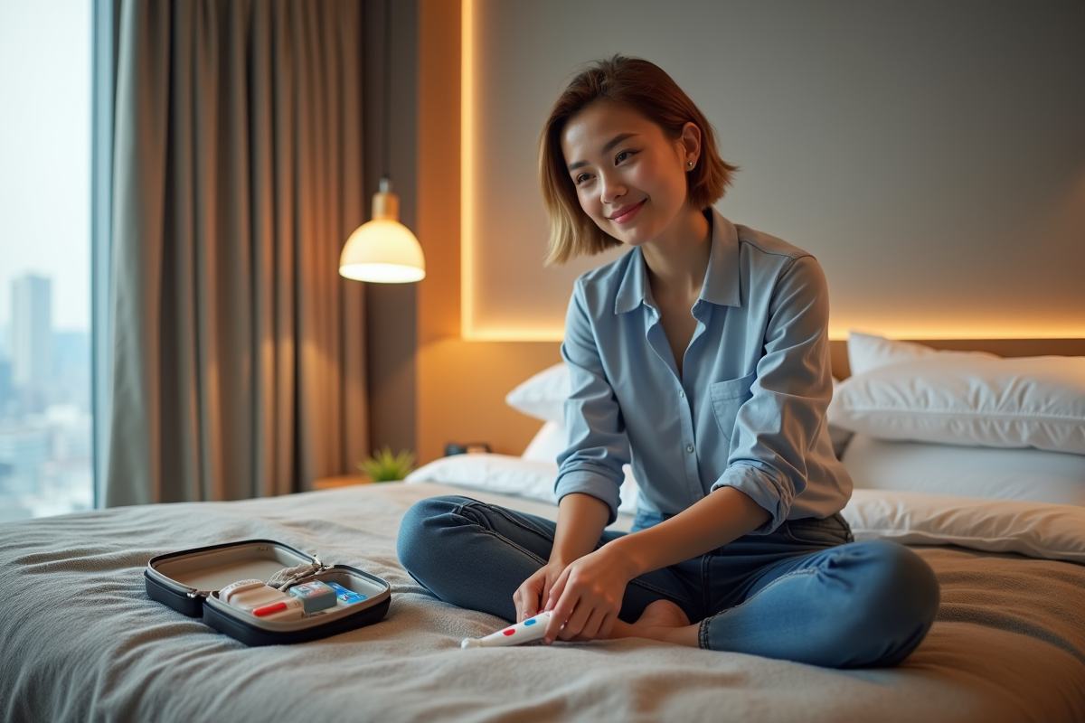 Jeune femme souriante déballant ses produits dans une chambre d hotel