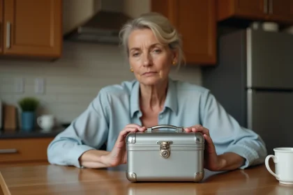Femme concentrée avec une petite valise en cuisine