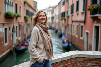 Femme souriante sur un pont ancien à Venise